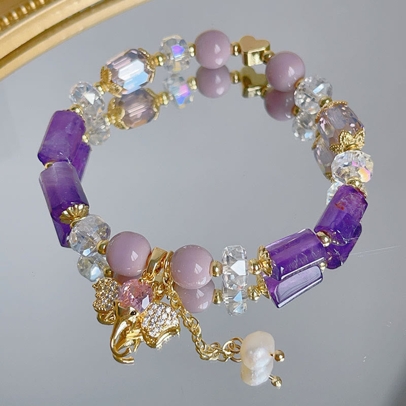 Pulsera con dije de elefante positivo, Buddha Stones , amatista, aventurina verde, cuarzo fresa