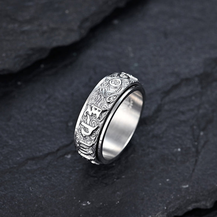 Anillo de acero de titanio con Buddha Stones, seis palabras verdaderas, equilibrio tranquilo