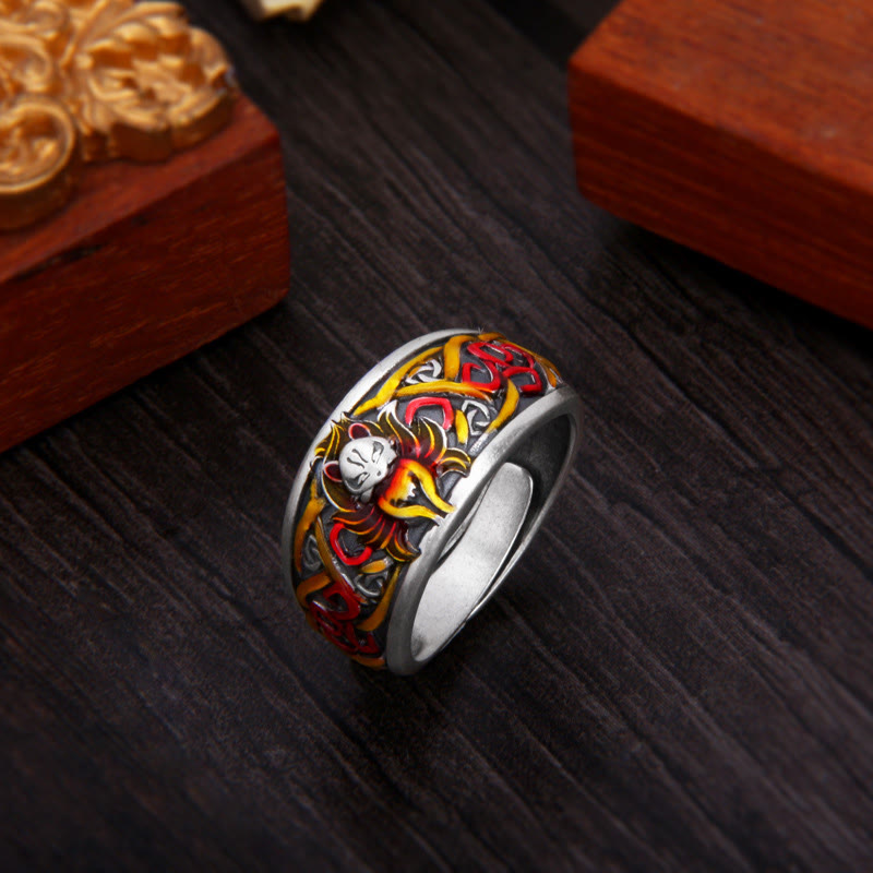 Anillo de protección de éxito de zorro de nueve colas de plata de ley 999 con Buddha Stones