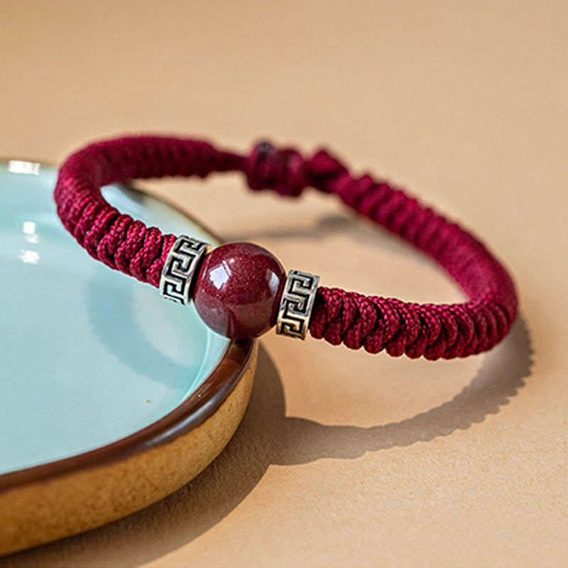 Pulsera de hilo trenzado hecha a mano con cuentas de cinabrio natural de plata de ley 925 con Buddha Stones