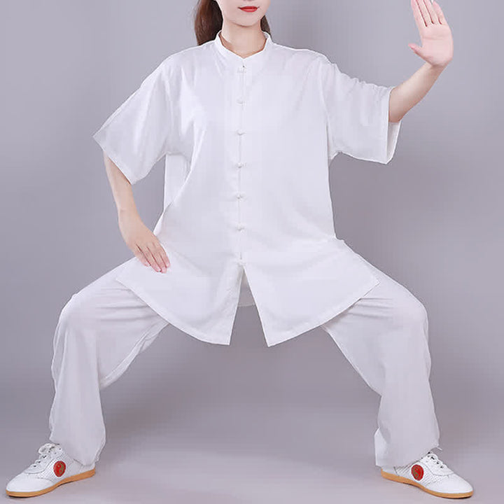 Conjunto de ropa unisex de lino y algodón con Buddha Stones, tai chi, qigong, oración, práctica espiritual zen - Blanco - Manga corta - US14, UK/AU18, EU46 (3XL)  - image 0