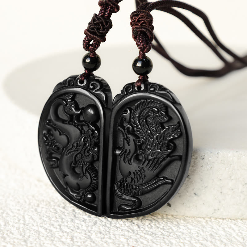 Collar con colgante de protección de fénix, dragón de amor, obsidiana negra, Buddha Stones - image 4