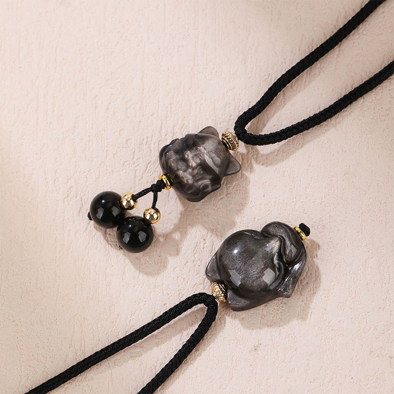 Colgante de collar de protección de zorro de nueve colas de obsidiana brillante de plata natural con Buddha Stones