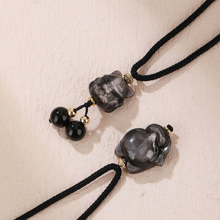 Colgante de collar de protección de zorro de nueve colas de obsidiana brillante de plata natural con Buddha Stones
