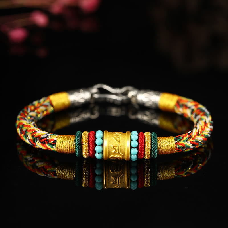 Buddha Stones Tíbet 999 oro Om Mani Padme Hum pulsera de la suerte hecha a mano con ocho hilos y nudo de la paz - Cuerda multicolor con hebilla plateada turquesa - 19 centímetros - image 7