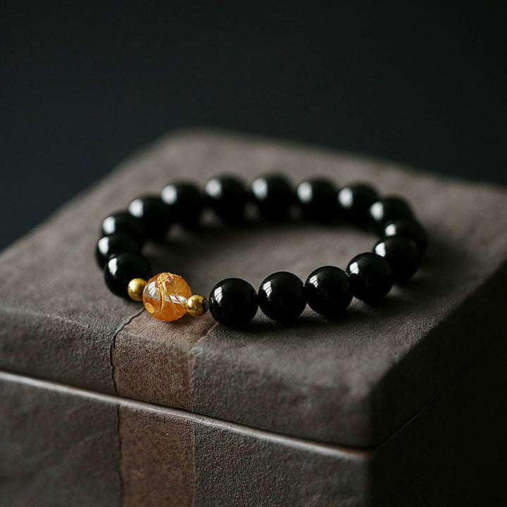 Pulsera de fuerza de dragón de ónix negro de cristal blanco de obsidiana negra natural con Buddha Stones