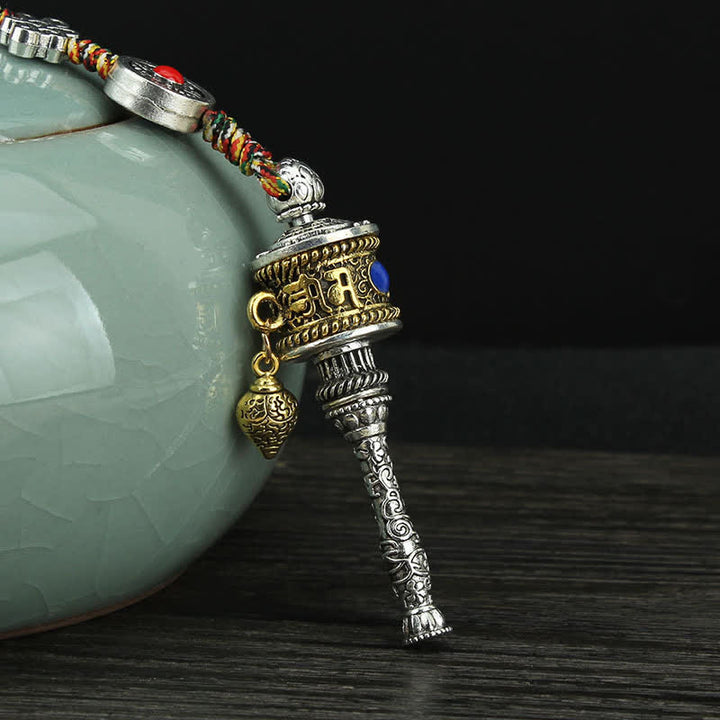 Rueda de oración Tíbet Om Mani Padme Hum, bolsa giratoria de paz, decoración colgante para coche