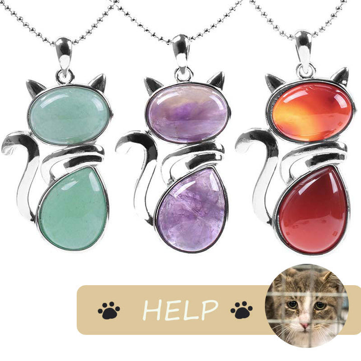 &quot;Save A Cat&quot; Lindo patrón de gato Protección de cristal natural Collar con colgante amante de los gatos