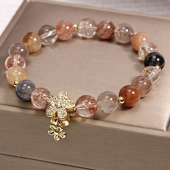 Pulsera de flores de protección de la riqueza de citrino de cuarzo rutilado multicolor