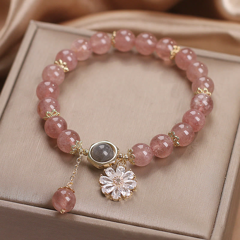 Pulsera curativa positiva con dije de flor de Margarita y cristal de cuarzo fresa Natural