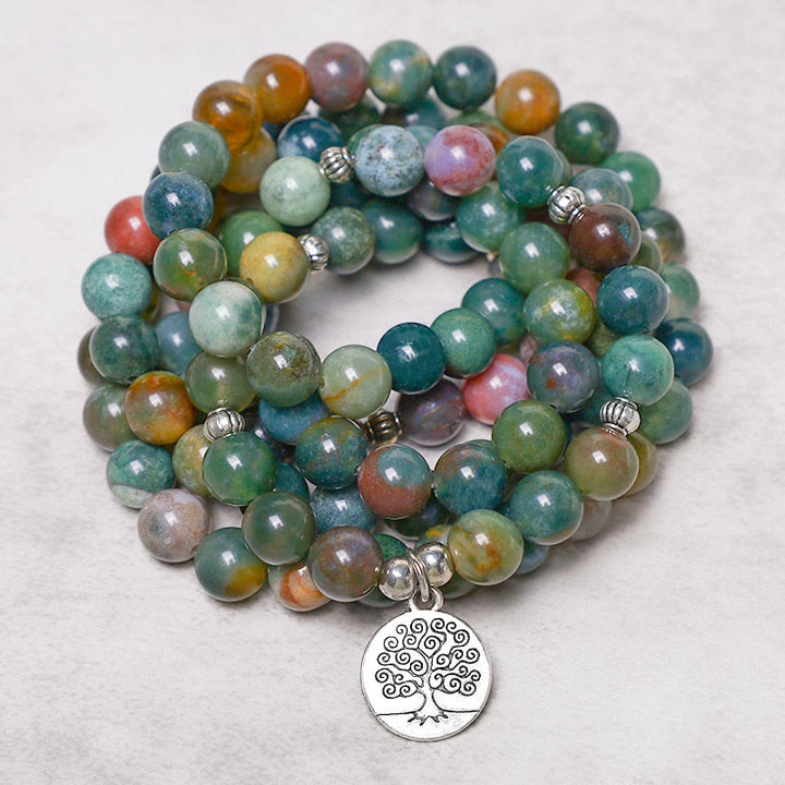 Buddha Stones 108 cuentas de Mala ágata india loto OM Buda Árbol de la vida pulsera de calma positiva