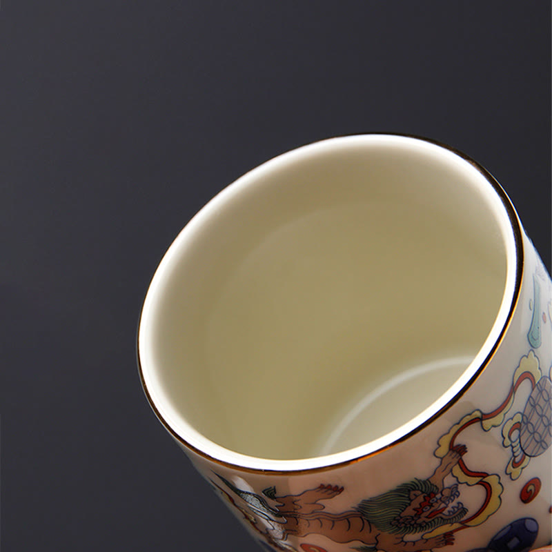 Tazas de té de cerámica con Buddha Stones, Vintage, flor de ciruelo, pino, bambú, Phoenix, Kirin, León, baile