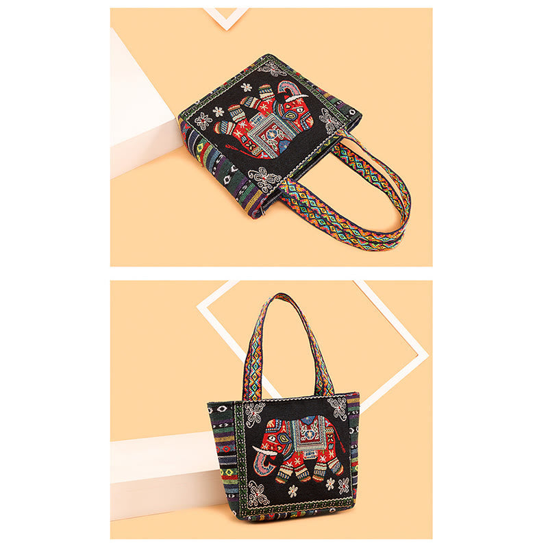 Bolso bandolera de lona de gran capacidad con bordado de mariposa y elefante