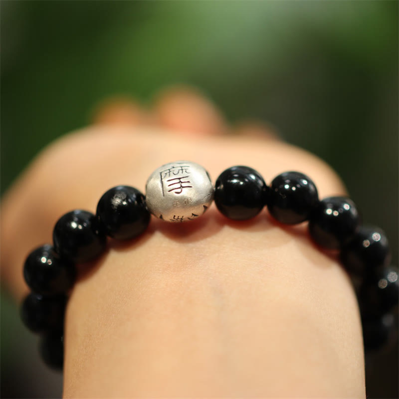 Pulsera de protección con grabado de personaje de cuentas de ónix negro de plata de ley 925 con Buddha Stones