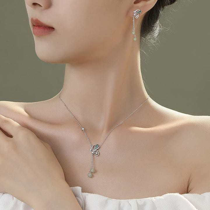 Juego de pendientes con colgante de collar de la suerte de mariposa de aventurina verde natural de plata de ley 925 con Buddha Stones