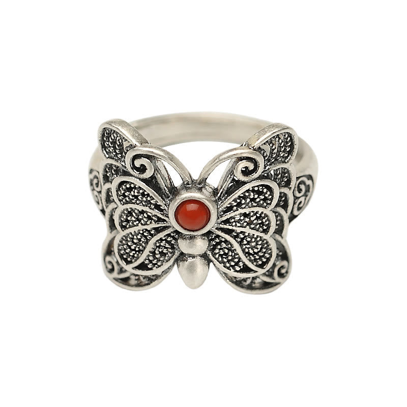 Juego de pendientes de anillo de autoaceptación de mariposa de ágata roja de plata de ley 925 con Buddha Stones