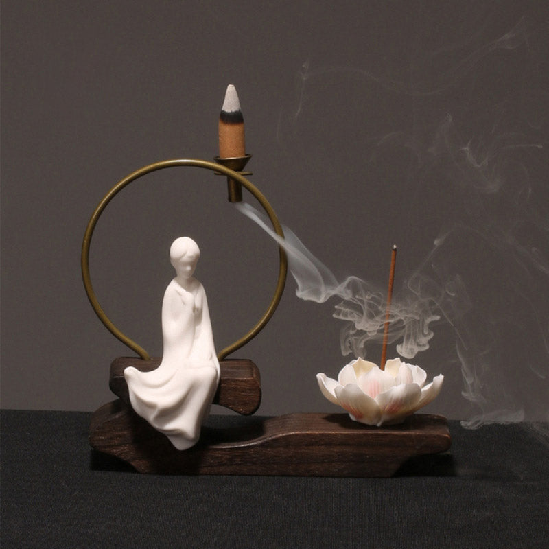 Quemador de incienso de meditación curativa de loto de cerámica con Buddha Stones , decoración