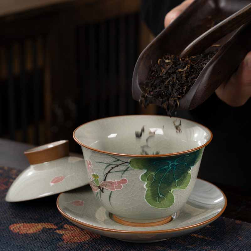 Buddha Stones, loto, pez Koi, hoja de vaina, taza de té de cerámica Gaiwan Sancai, taza de té de Kung Fu y platillo con tapa, 140ml