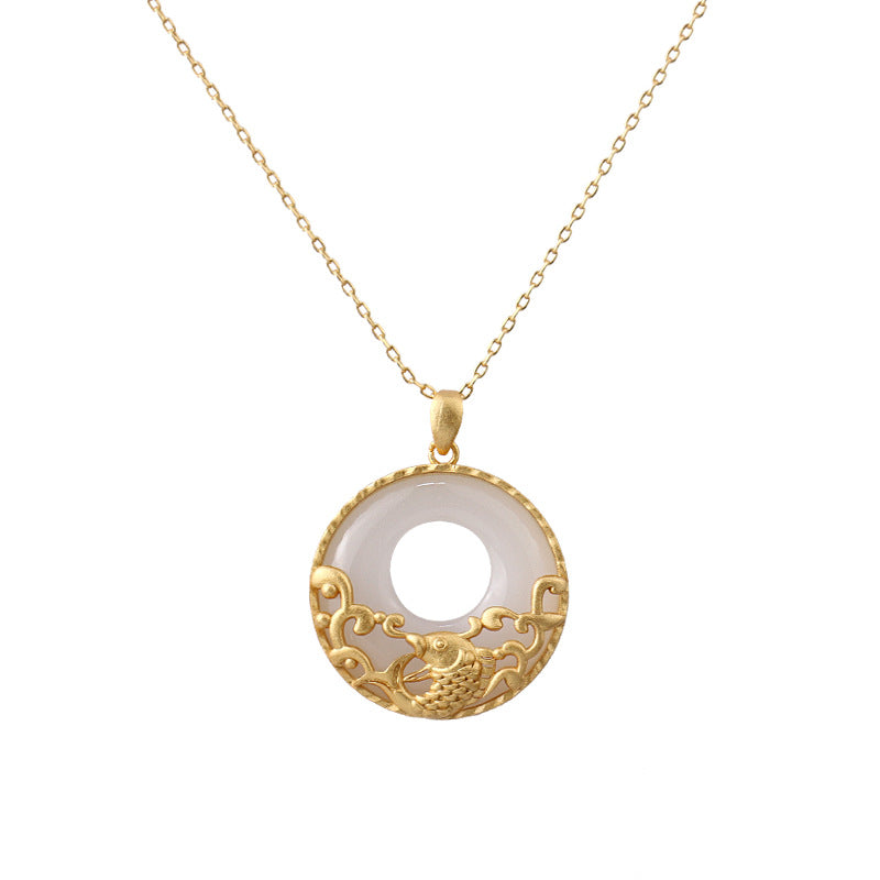 Colgante de collar de prosperidad de acero de titanio con pez Koi de jade blanco - Pez Koi (Suerte ♥ Prosperidad) - image 1