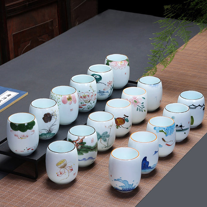 Taza de té de cerámica con Buddha Stones, pez Koi, paisaje de loto, diente de león, flor de peonía, taza de té de Kung Fu