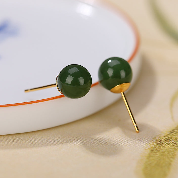 Pendientes de tuerca de plata de ley 925 con Buddha Stones , redondos, jade cian curativo y tranquilo