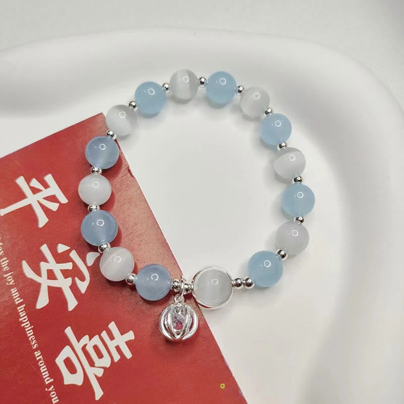 Pulsera con dije de soporte de aguamarina y ojo de gato de plata de ley 925 con Buddha Stones