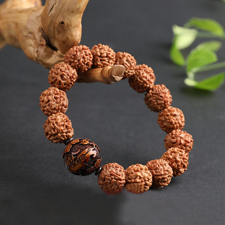 Pulsera de la suerte de la riqueza de la moneda de cobre de PiXiu de la semilla de Bodhi de Rudraksha del Tíbet con Buddha Stones