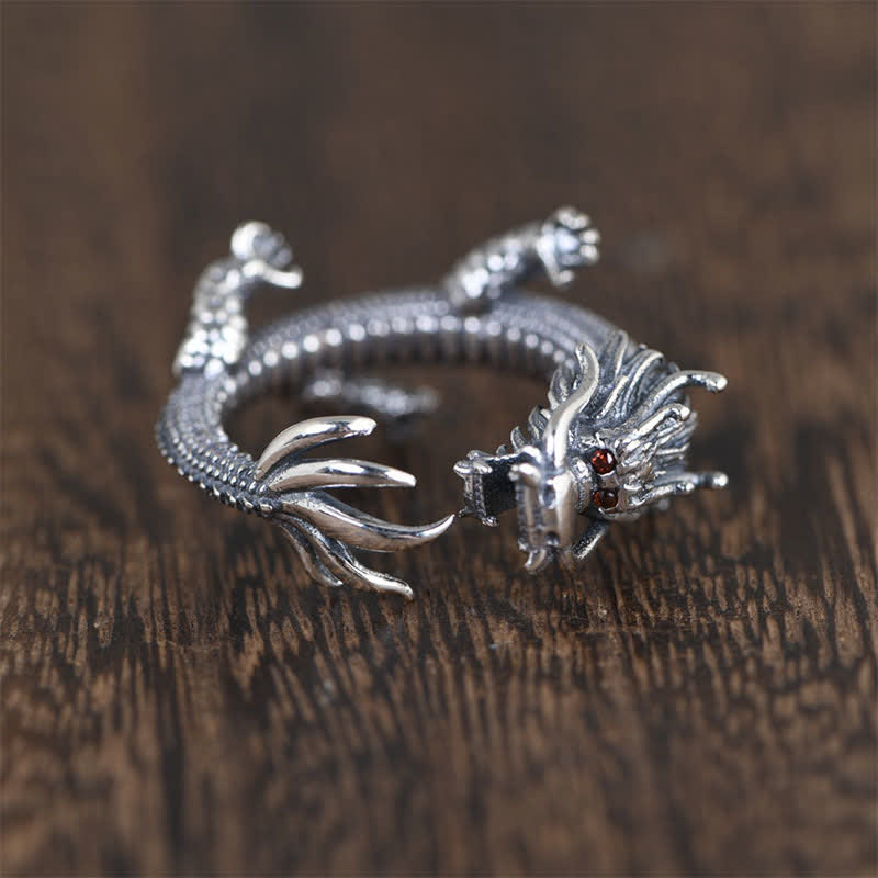 Anillo de protección de la suerte del dragón de plata de ley 925