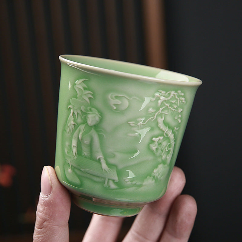 Taza de té de cerámica de pino, piedras de Buddha Stones , árboles, pabellón, montañas, ríos, Kung Fu