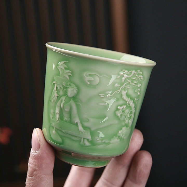 Taza de té de cerámica de pino, piedras de Buddha Stones , árboles, pabellón, montañas, ríos, Kung Fu