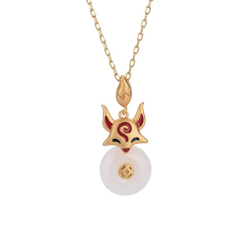 Buddha Stones Jade blanco Zorro Cobre Moneda Protección Suerte Collar Colgante