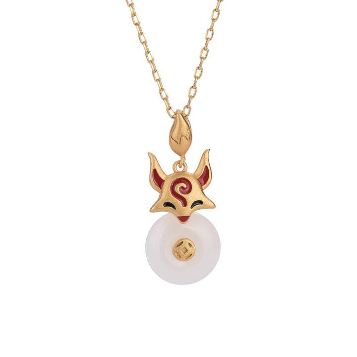 Buddha Stones Jade blanco Zorro Cobre Moneda Protección Suerte Collar Colgante