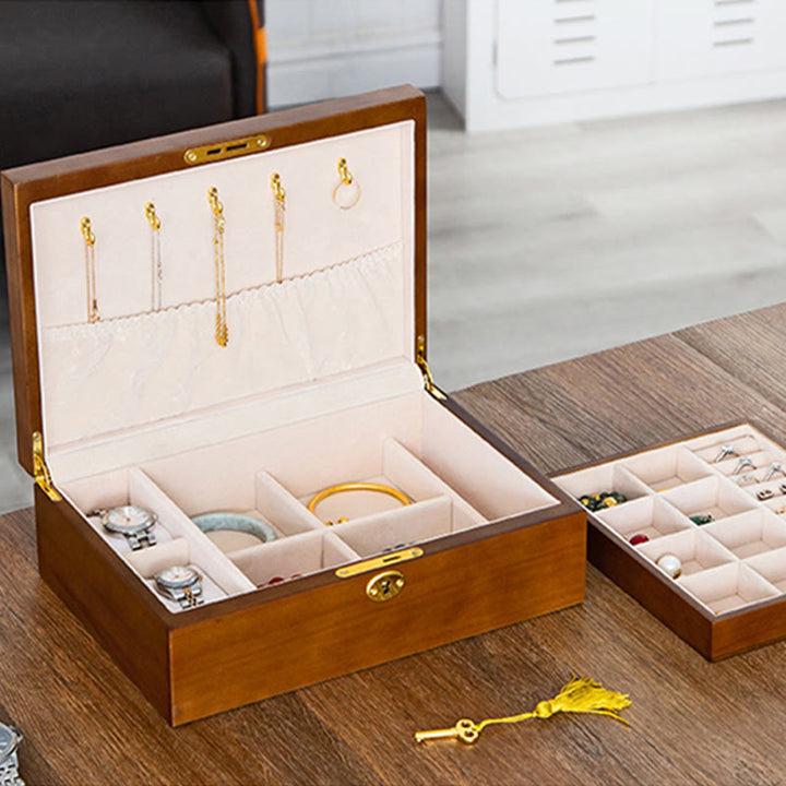 Caja de joyería de madera vintage con Buddha Stones, caja de almacenamiento de joyería de madera maciza de dos capas