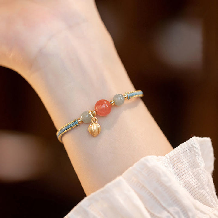 Pulsera de hilo con Buddha Stones, ágata roja, Jade, loto, confianza, calma