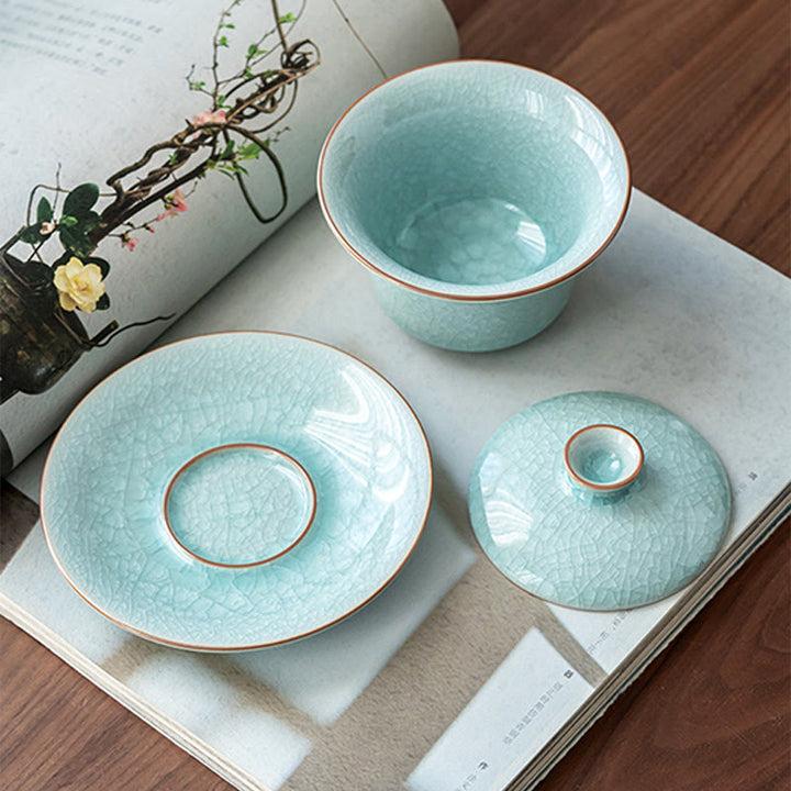 Taza de té y platillo de cerámica con esmalte de hielo, Retro verde, Buddha Stones , Gaiwan Sancai, Kung Fu