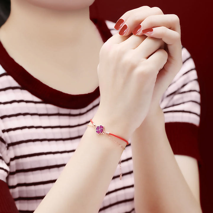 Pulsera de hilo rojo con protección de la suerte de trébol de cuatro hojas que cambia de color de plata de ley 925 con Buddha Stones