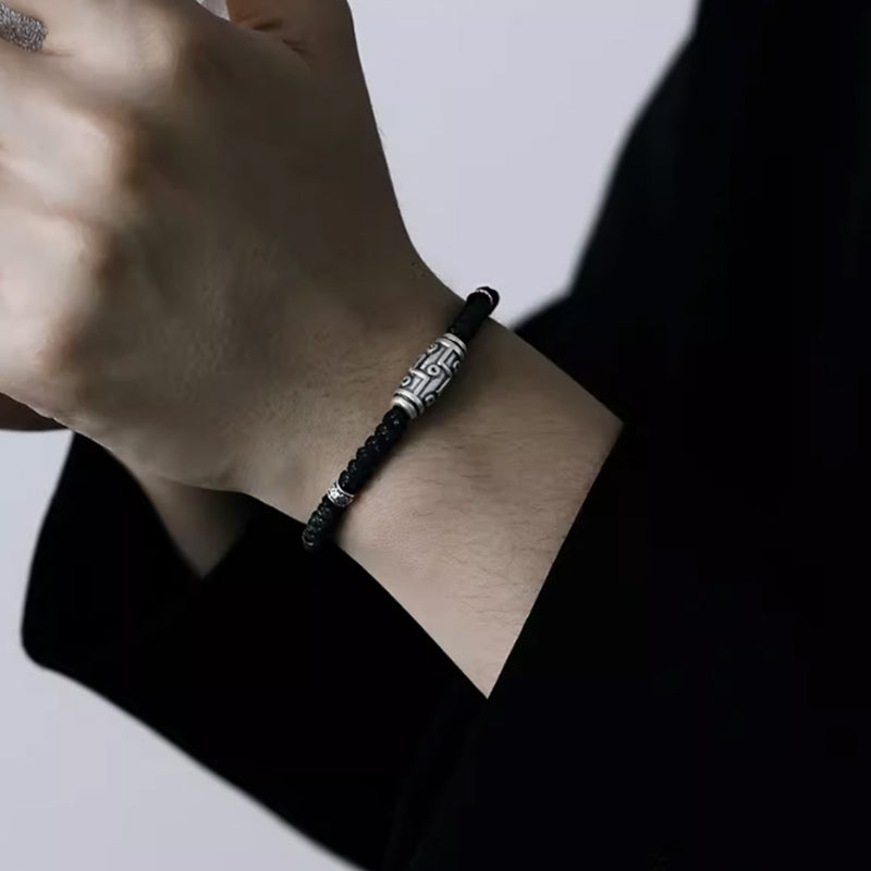 Pulsera de cuerda de bendición con patrón de cuentas Dzi de nueve ojos de plata de ley 999 con Buddha Stones