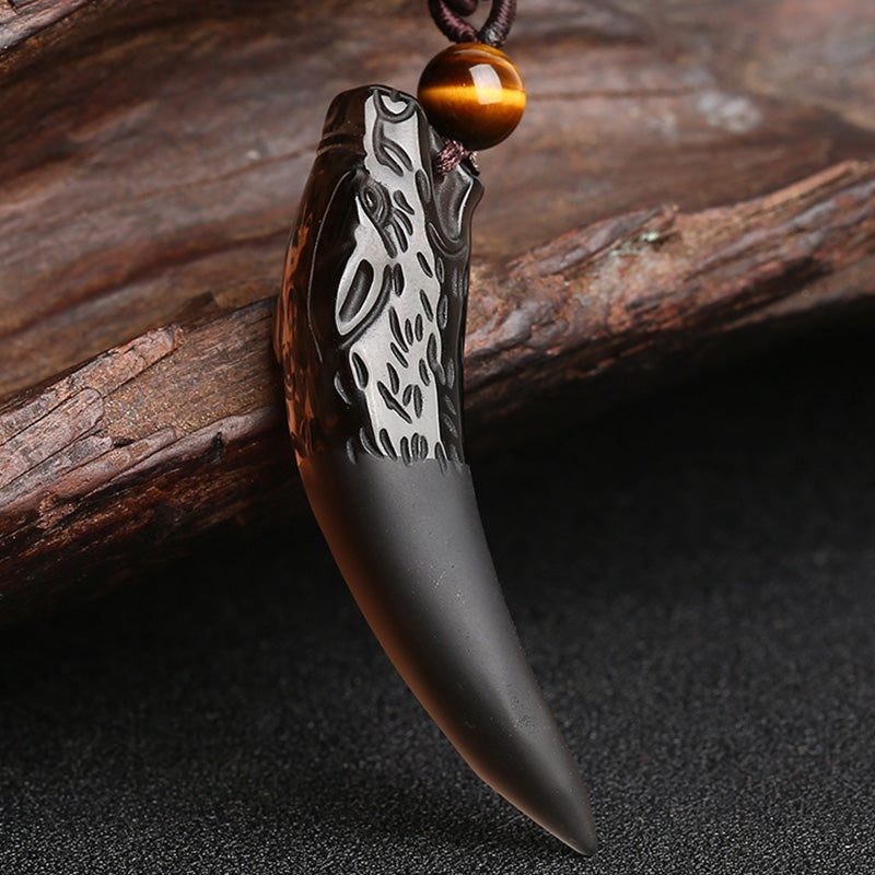 Colgante de collar con diseño de diente de lobo, obsidiana de hielo Natural, Buddha Stones