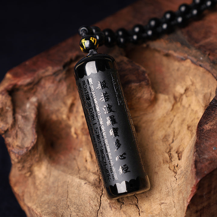 Colgante de collar de purificación de Sutra de corazón de obsidiana negra Natural con Buddha Stones