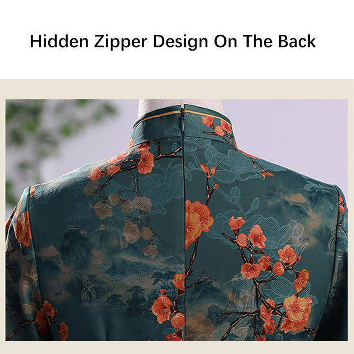 Vestido Cheongsam para mujer con estampado de plumas de peonía y flor de loto Retro con Buddha Stones - image 10