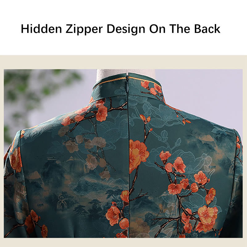 Vestido Cheongsam para mujer con estampado de plumas de peonía y flor de loto Retro con Buddha Stones - image 11