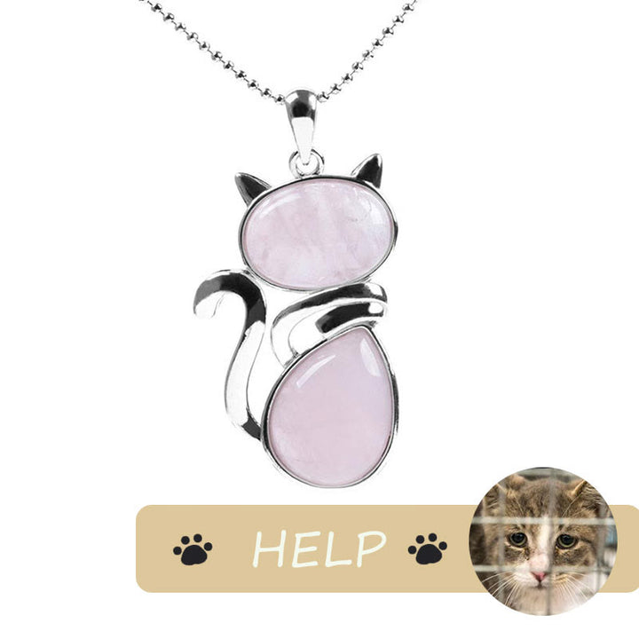 &quot;Save A Cat&quot; Lindo patrón de gato Protección de cristal natural Collar con colgante amante de los gatos