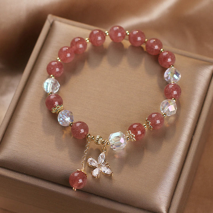 Pulsera con dije de mariposa curativa de amor de cuarzo fresa natural con Buddha Stones