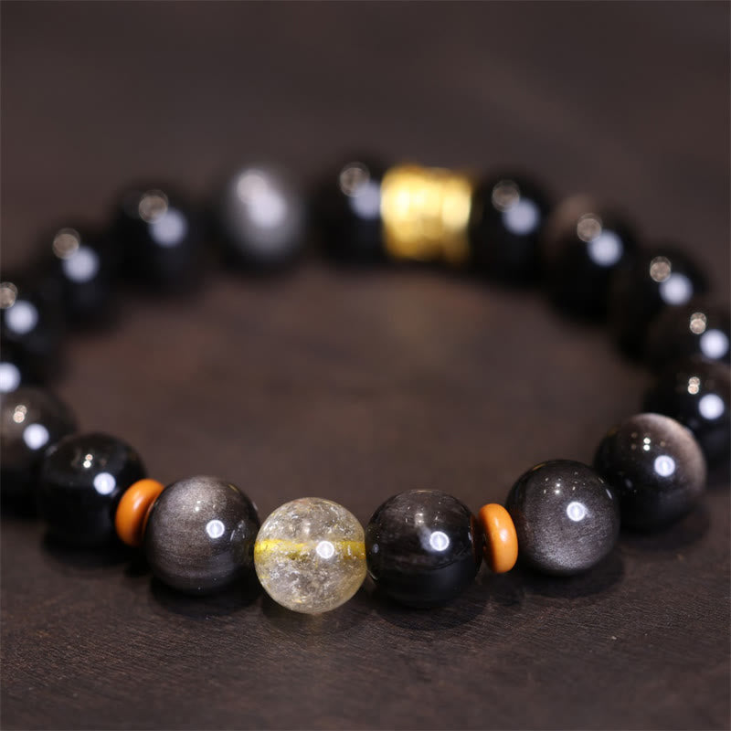 Pulsera de protección de cuentas Om Mani Padme Hum de cristal de obsidiana brillante de plata Natural con Buddha Stones