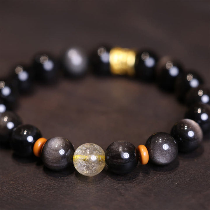 Pulsera de protección de cuentas Om Mani Padme Hum de cristal de obsidiana brillante de plata Natural con Buddha Stones