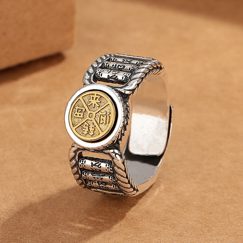 Anillo giratorio de pureza de moneda de cobre con diseño tallado de Om Mani Padme Hum tibetano de Buddha Stones