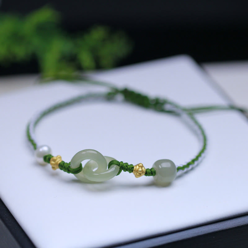 Pulsera trenzada de la suerte con hebilla de paz doble de jade hetiano de plata de ley 925 con Buddha Stones