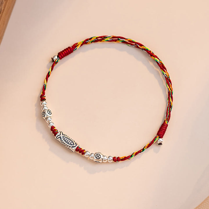 Pulsera tobillera de hilo colorido trenzado con pez Koi de la suerte de plata de ley 925 con Buddha Stones