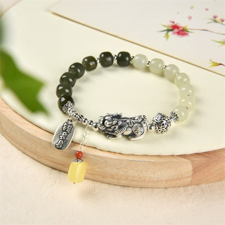 Pulsera de la suerte PiXiu de ámbar y jade hetiano natural de plata de ley 925