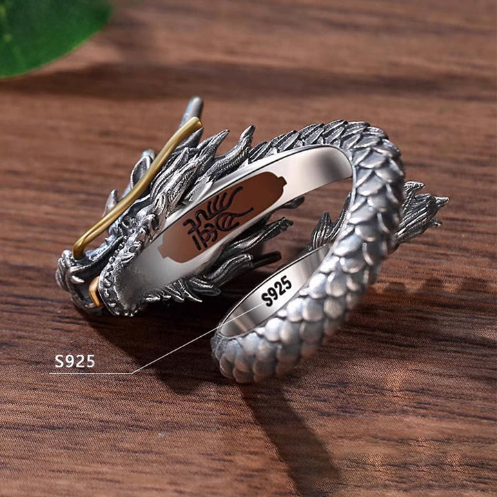 Anillo ajustable de fuerza de protección con diseño de dragón vintage de plata de ley 925 con Buddha Stones